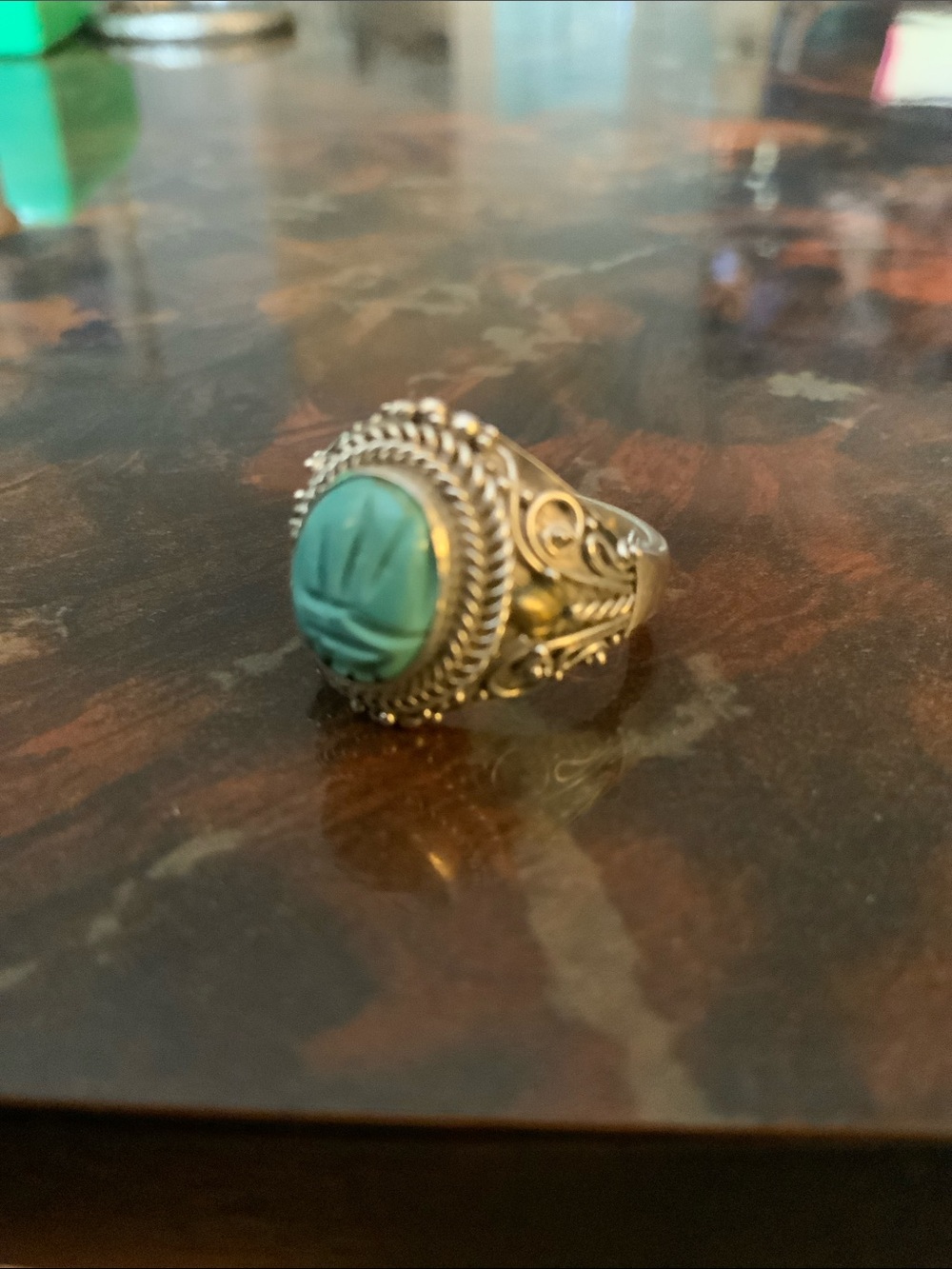 Sterling Silver Filigree Ring with Carved Turquoise Stone - Turquoise
